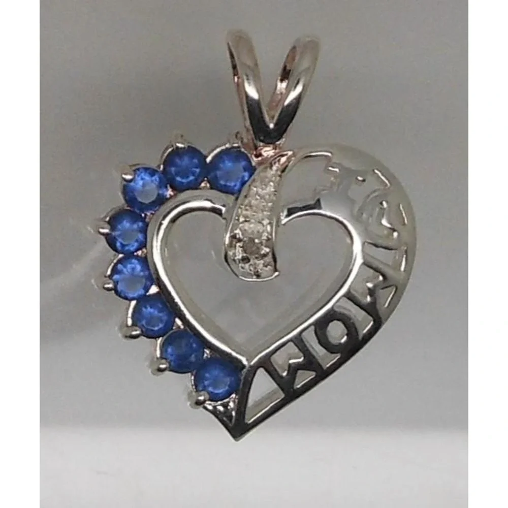 Vintage 1990's Beautiful Sterling Silver I Love Mom Necklace Pendant Sapphire CZ
